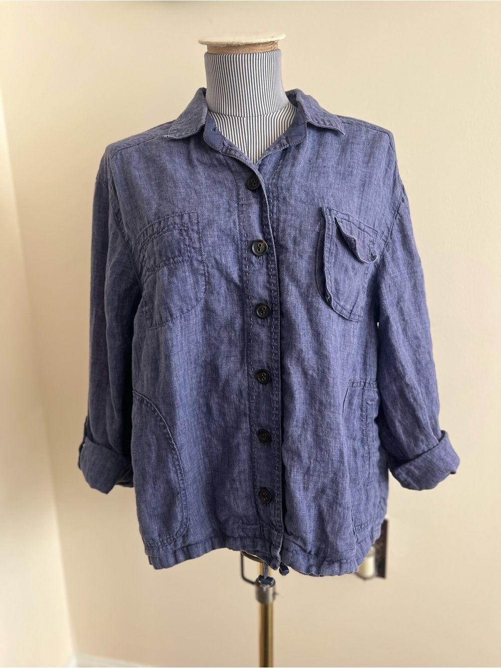 Coldwater Creek Blue 100% Linen Drawstring Shirt Jacket Utility Shacket PXL⁠